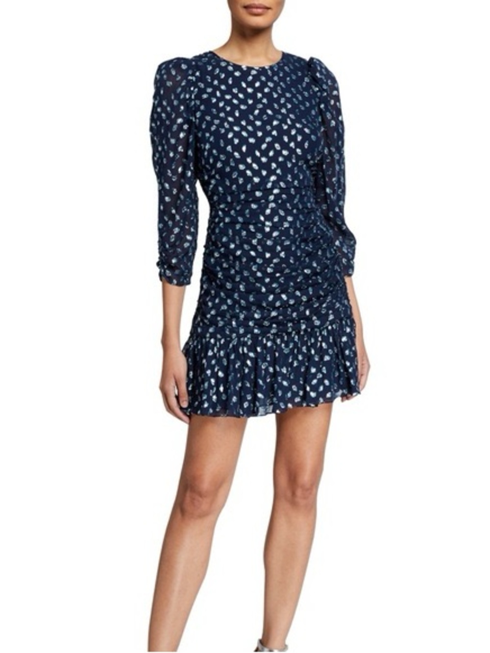 Tanya Taylor Silk Polka Dot Raven Ruffle Navy Mini Dress with White Print SZ 12